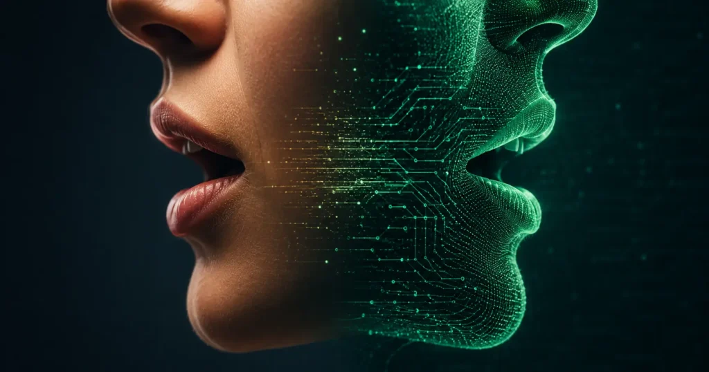 A human face merging into a glowing green digital AI face with circuit patterns showing the similarity between human and AI-generated voice