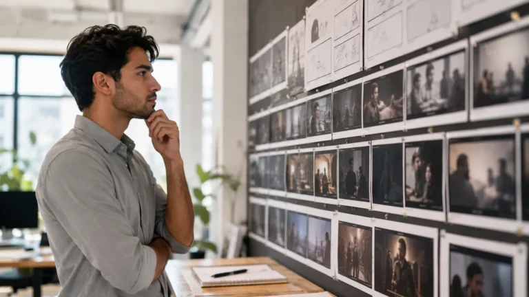 A man thoughtfully compares printed video storyboard frames pinned to a wall in a modern office.