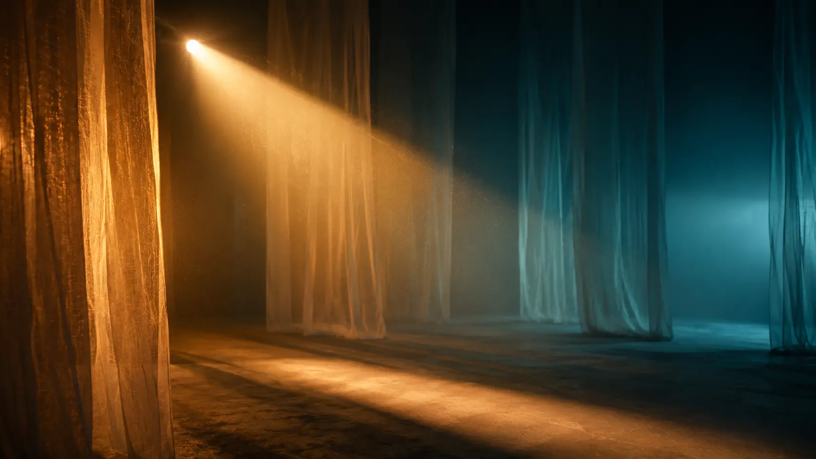 Layered sheer curtains lit by a single warm spotlight, fading into cool teal shadows, showing depth and lighting contrast.