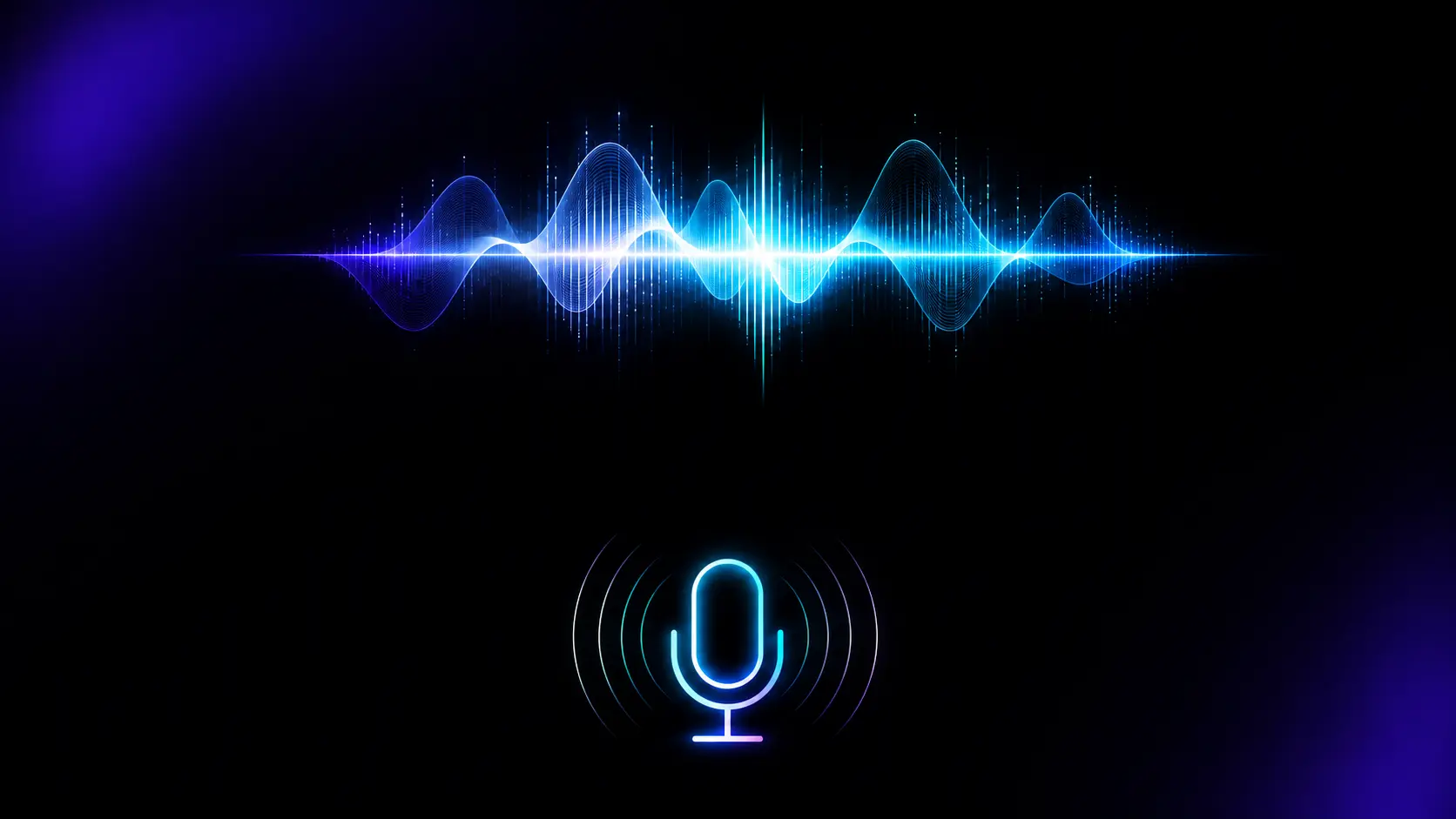 A vibrant blue and purple digital sound wave floating above a microphone icon, surrounded by radiating signal rings to symbolize AI voice technology.