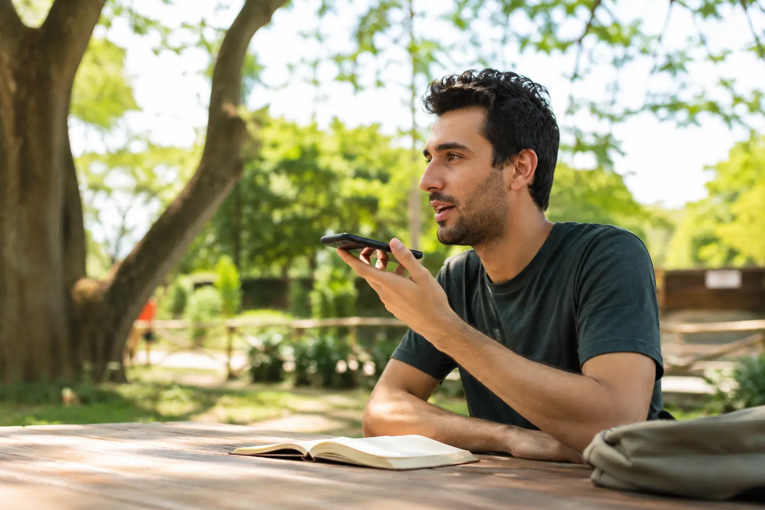 Man sitting outdoors at a wooden table, speaking into his phone to record his voice.