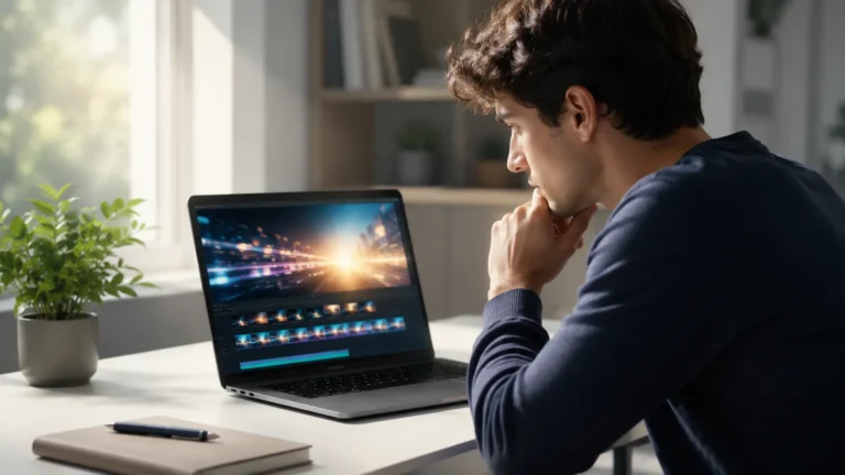 A man looking thoughtfully at a laptop displaying a glowing AI-generated video timeline in a bright, minimal workspace.