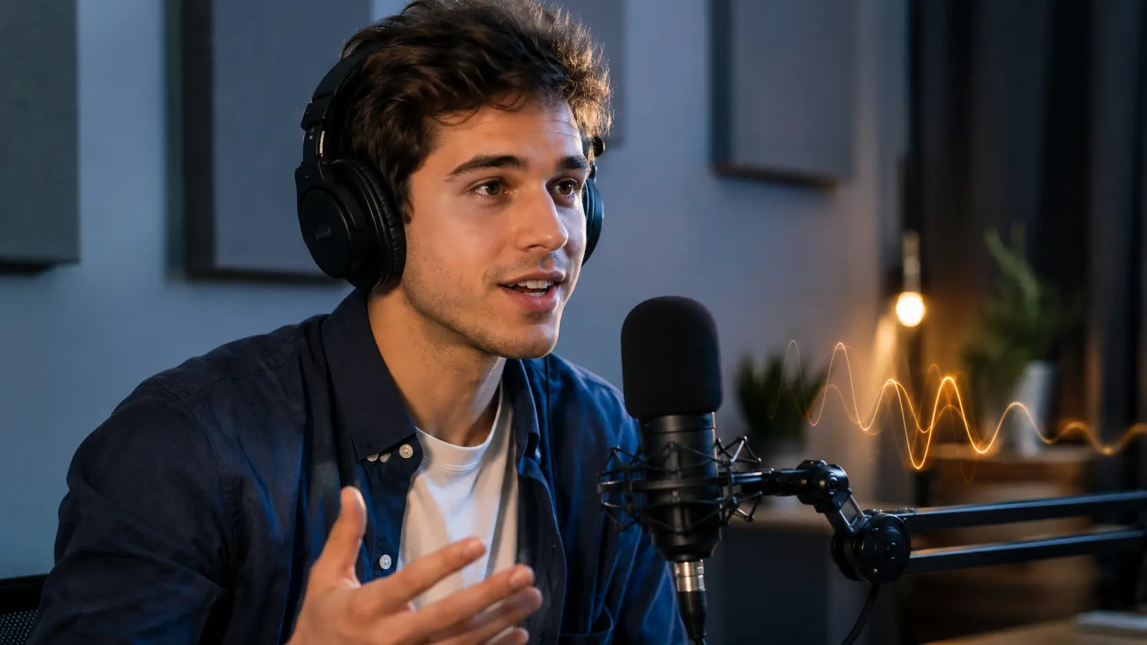 Man speaking into a studio microphone with headphones on, sound waves visualized beside him in a professional recording setup.