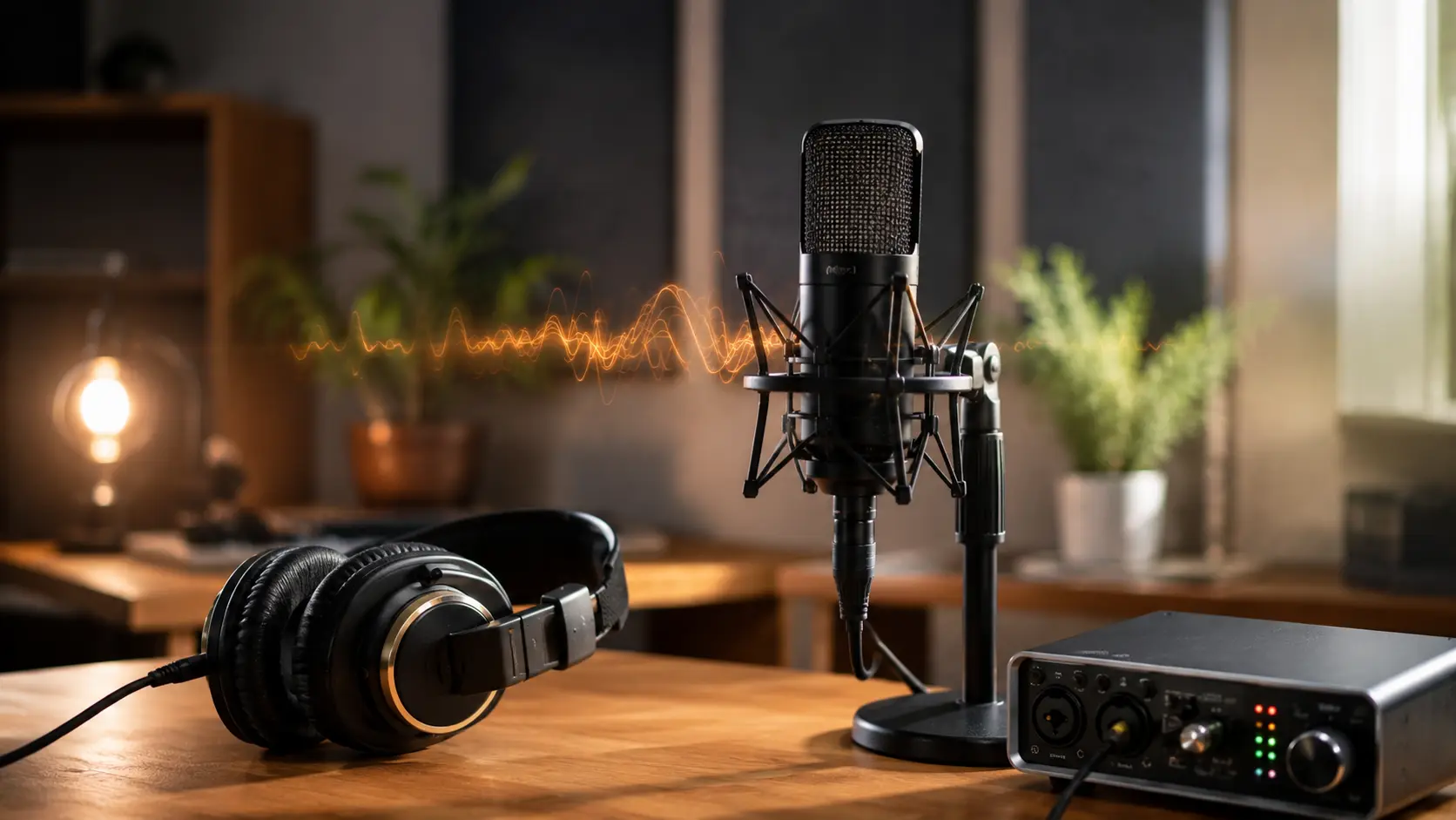 Studio microphone, headphones, and audio interface on a wooden desk with a glowing sound wave, representing voice recording equipment.