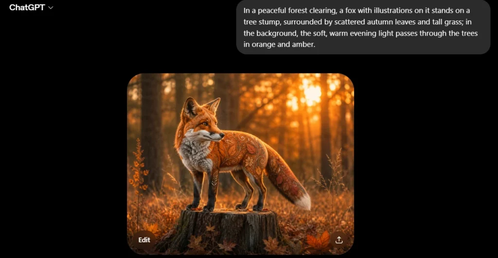Illustrated fox standing on a tree stump in an autumn forest, generated with ChatGPT