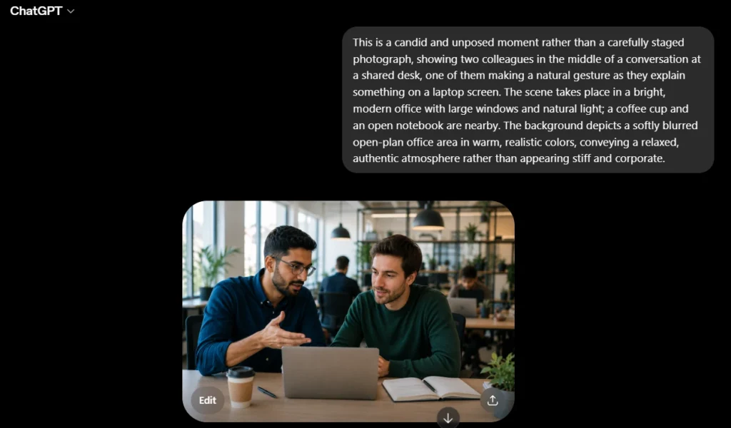 Two colleagues in a candid conversation at a shared office desk, generated with ChatGPT