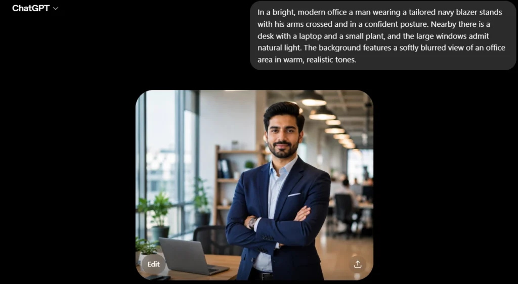 Man in navy blazer standing confidently in a modern office, generated with ChatGPT
