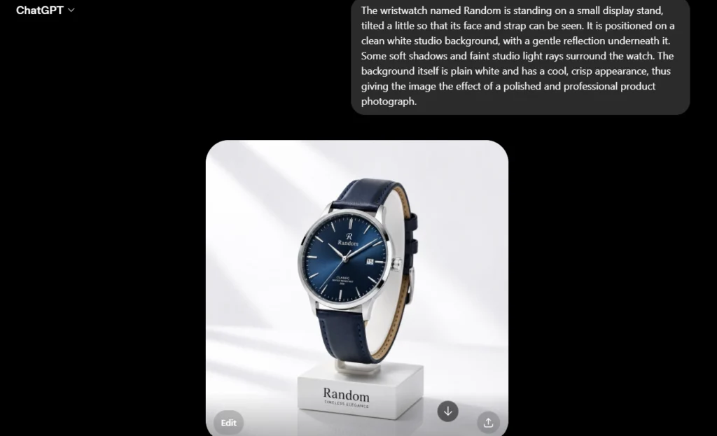 Wristwatch displayed on a stand against a white studio background, generated with ChatGPT.