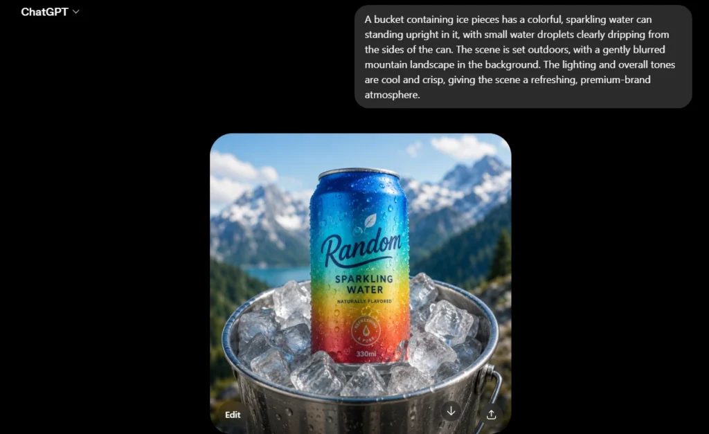 Colorful sparkling water can in a bucket of ice with mountains in the background, generated with ChatGPT.