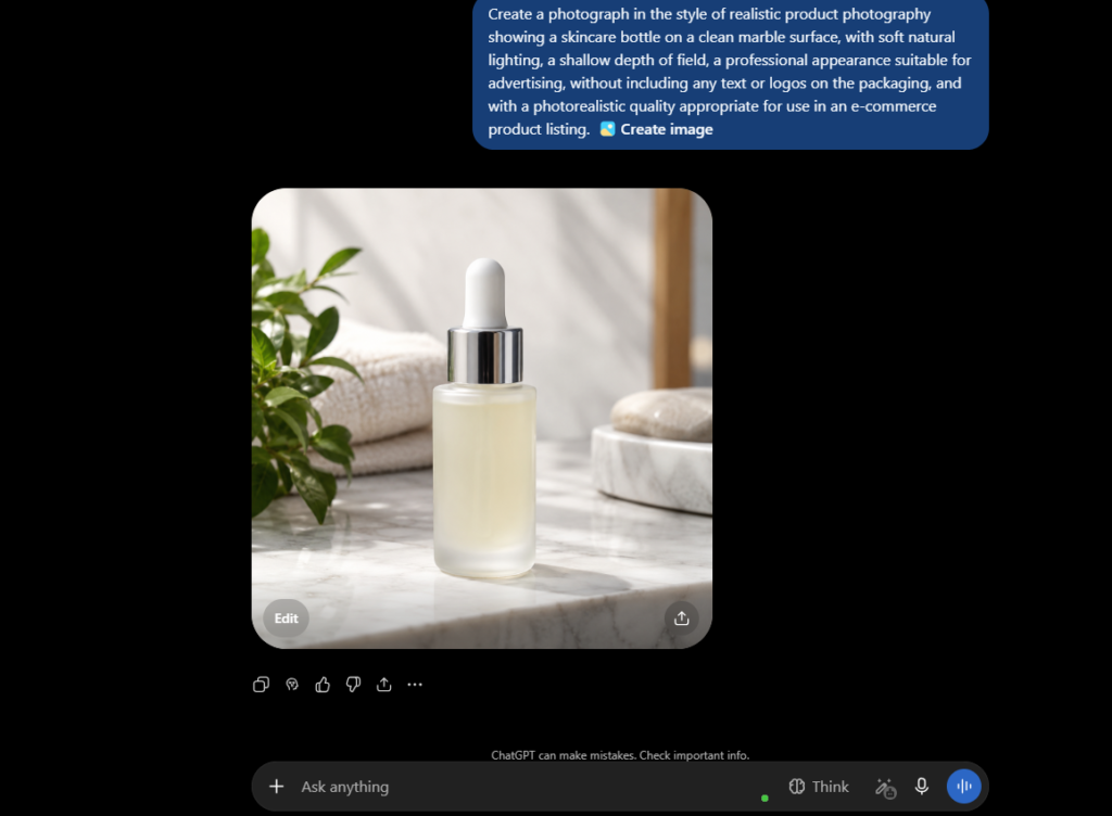 Realistic skincare serum bottle product photo generated with ChatGPT on a marble surface with natural light