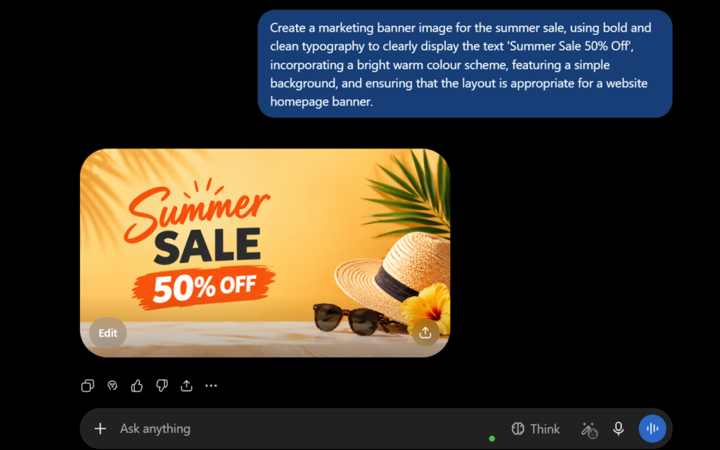 ChatGPT generated a summer sale banner with bold 50% off text and a beach-themed background.