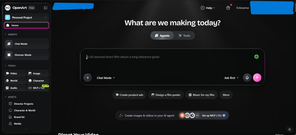 OpenArt dashboard showing the video generation prompt interface and tool options