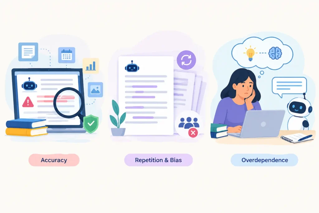 Infographic outlining three risks of AI writing: incorrect information, repetitive and biased content, and over-reliance on AI.