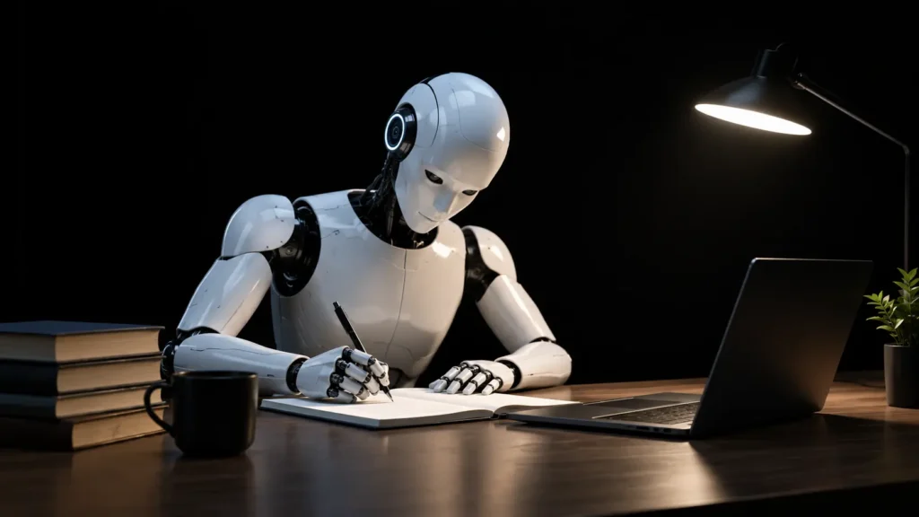 A white AI robot writing content in a notebook at a desk in a dark workspace, illustrating AI writing tools.