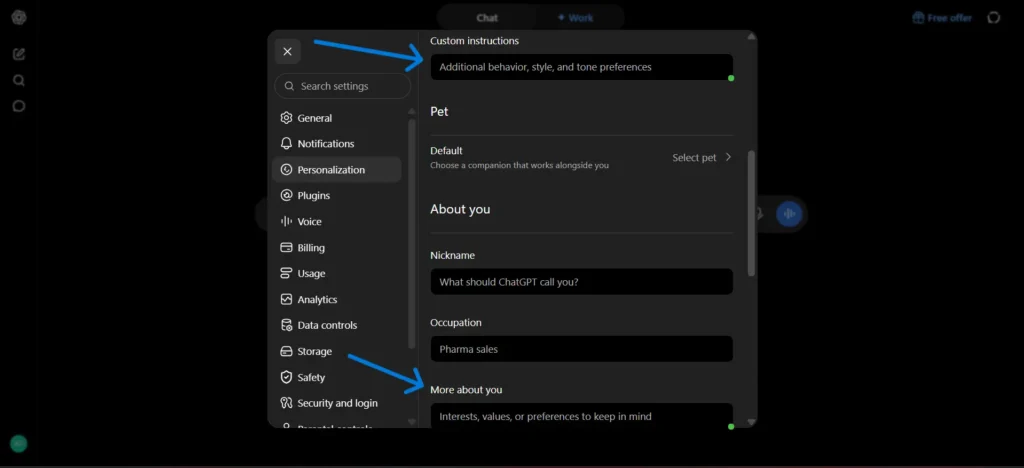 ChatGPT settings showing custom instructions and the “More about you” section under Personalization.