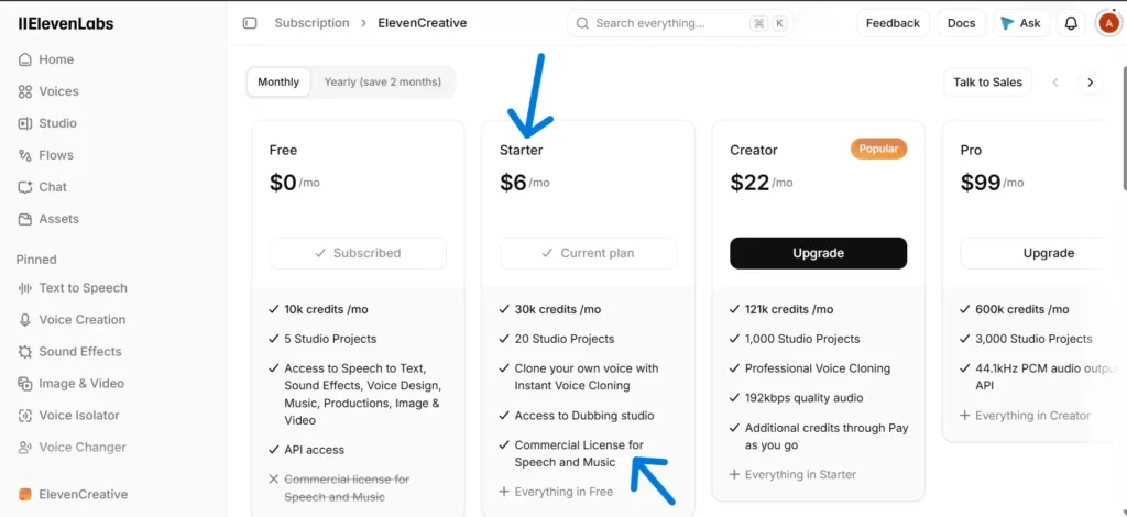 ElevenLabs pricing plans show the Starter plan at $6 per month with 30,000 credits and a commercial license.