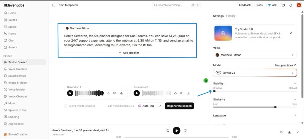 The ElevenLabs Text-to-Speech interface showing a sample script with numbers, a time, an email address, and the stability setting.