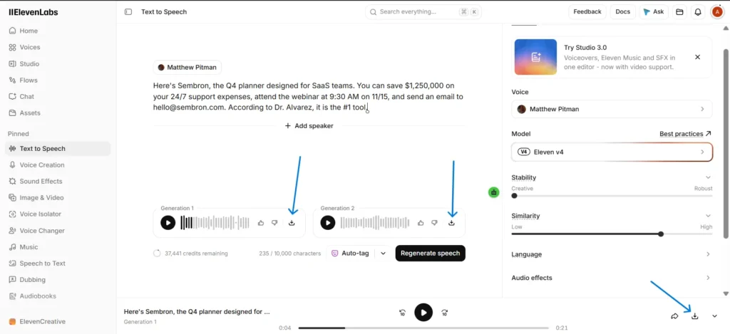 ElevenLabs Text-to-Speech interface showing two generated audio outputs with download buttons and voice settings.