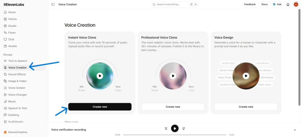 ElevenLabs Voice Creation page showing Instant Voice Clone, Professional Voice Clone, and Voice Design options.
