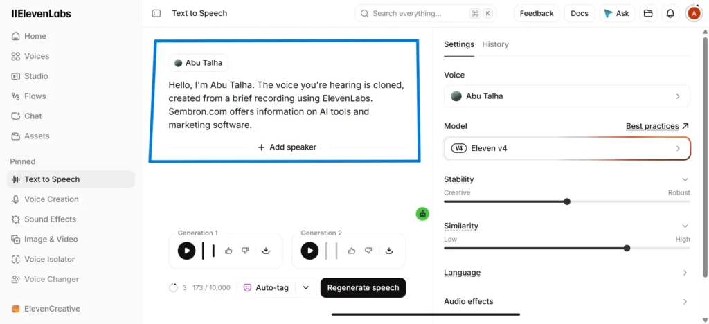 ElevenLabs Text-to-Speech interface is showing a cloned Abu Talha voice with Eleven v4 selected.