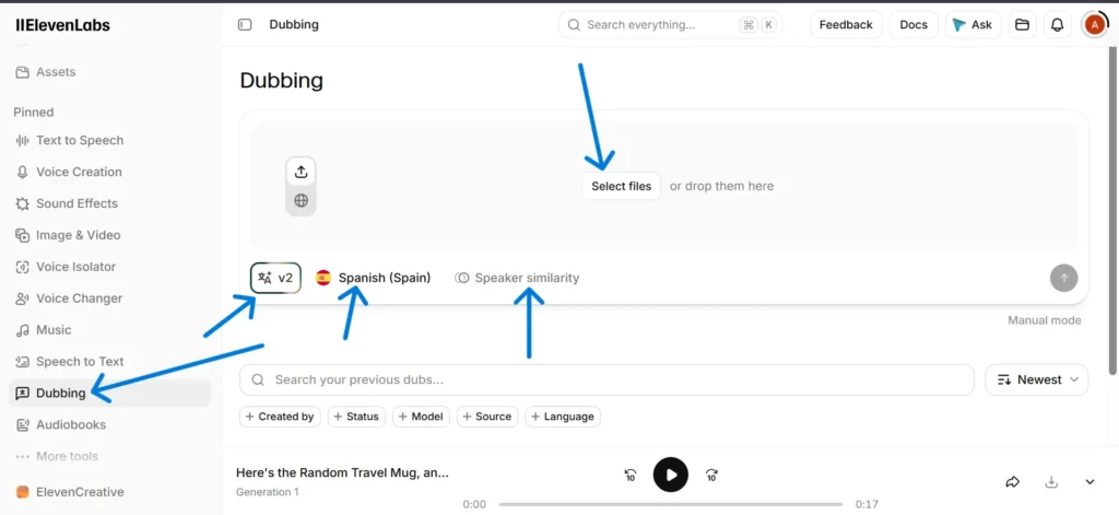 The ElevenLabs dubbing interface is showing file upload, Spanish language selection, and speaker similarity settings.