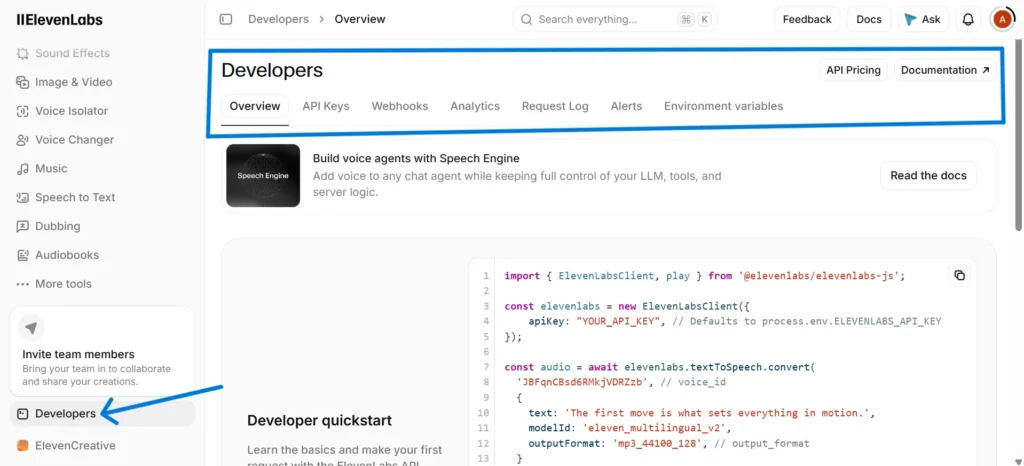 ElevenLabs Developers overview showing API keys, webhooks, analytics, and a developer quick start with JavaScript code.