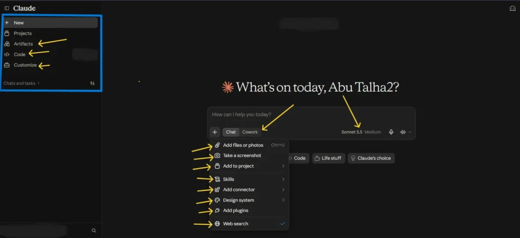 Claude app interface showing the sidebar with Projects, Artifacts, Code, and Customize and the plus menu with Skills, Connectors, Plugins, and Web Search.
