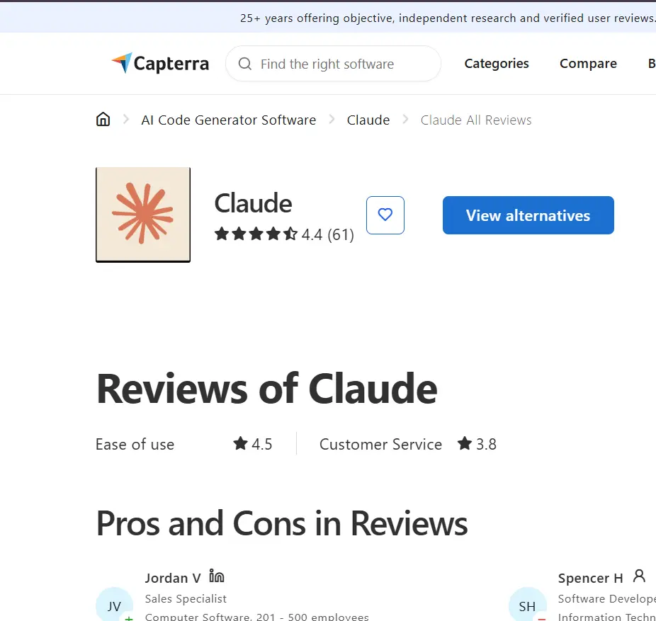 Capterra page for Claude has a 4.4/5 rating from 61 reviews (ease of use 4.5, customer service 3.8).
