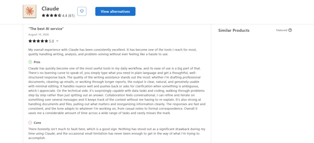 Capterra review titled 'The best AI service' with 5 stars, lauding the clear natural writing and ease of use.