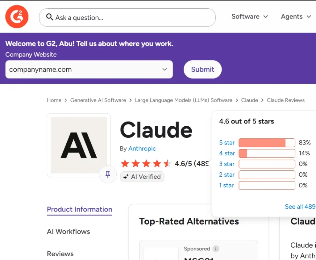 The G2 rating for Claude is 4.6/5 (83% five-star, 14% four star).